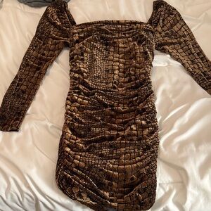 Leith Brown Croc-Textured Long Sleeve Dress